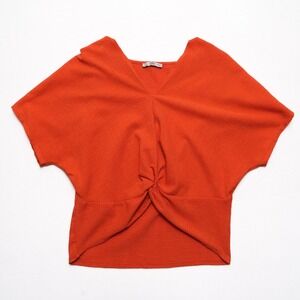 Zara Blouse Women Small Orange Knot Front Short Sleeve Crop Textured
